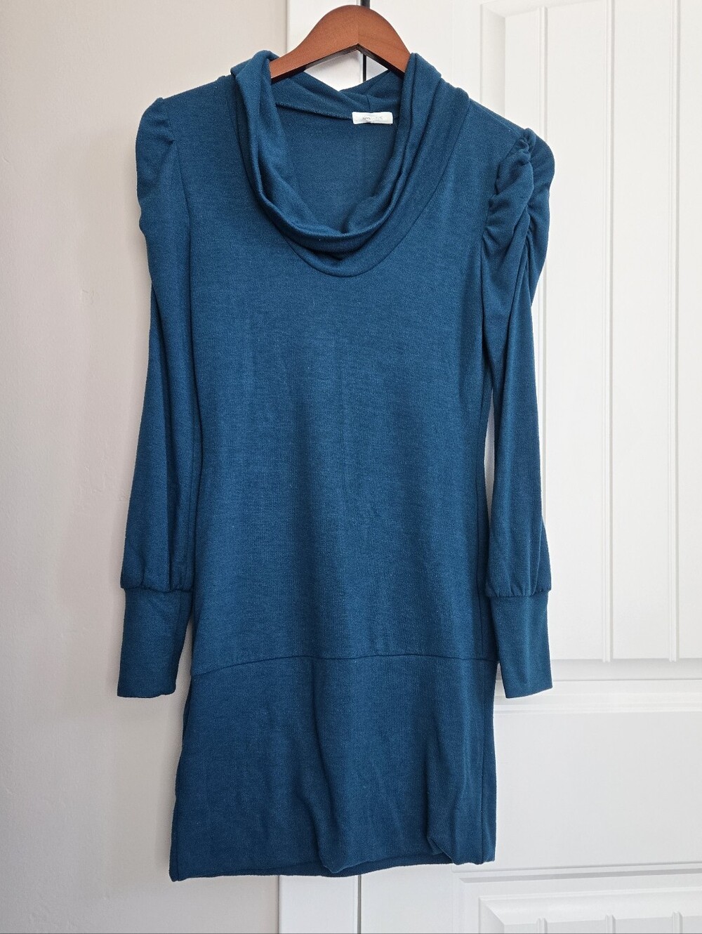 Women's Teal Cowl Neck Sweater Dress with Ruched Shoulder